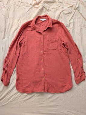 Anne Klein Jeans Cotton Gauze Button Down Shirt M Coral Terracotta Roll Tab Fall